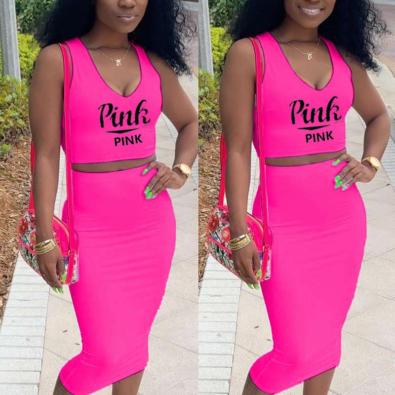 Letter Print Sleeveless Deep V-Neck Two Piece Skirt Set