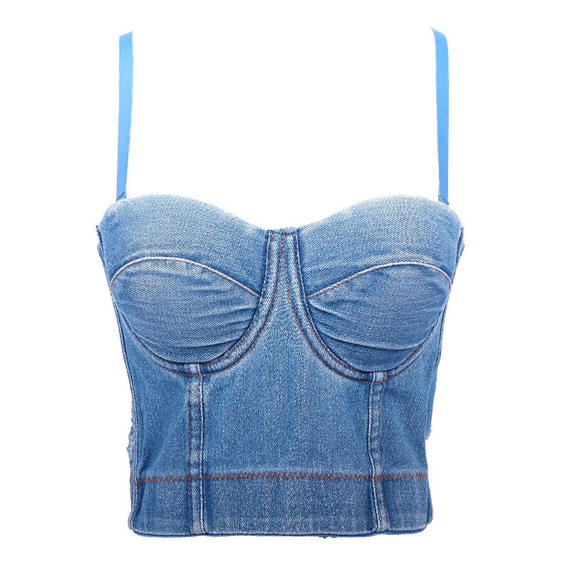 Solid Spaghetti Strap Denim Tube Top