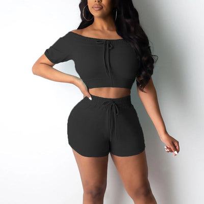 Solid Off Shoulder Tied Sports Two Piece Set