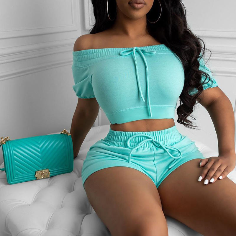 Solid Off Shoulder Tied Sports Two Piece Set