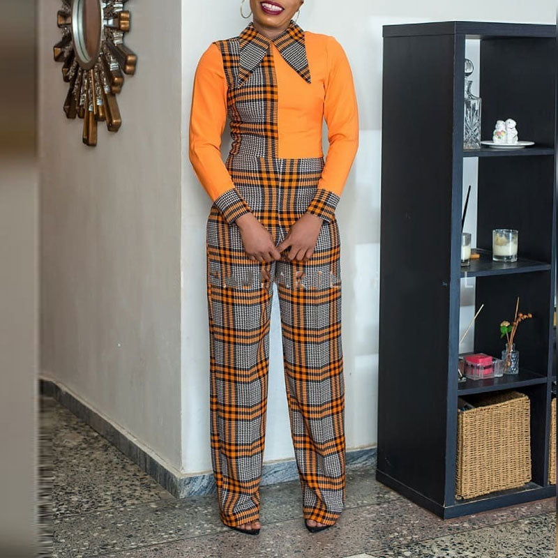 Plaid Pattern Long Sleeve Wide Leg Jumpsuit