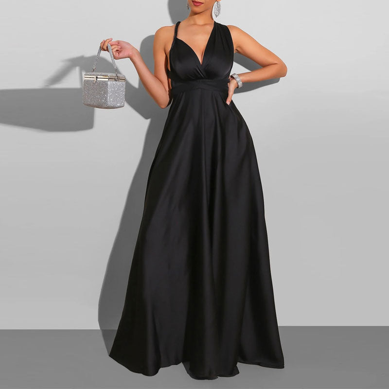 Solid Sleeveless Deep V-Neck Floor Length Dress