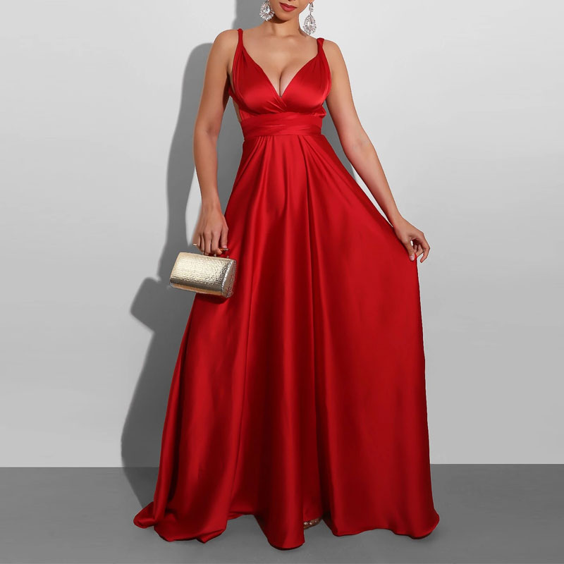 Solid Sleeveless Deep V-Neck Floor Length Dress