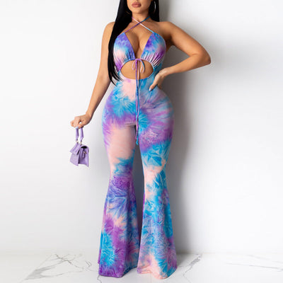 Tie Dye Print Halter Hollow Out Tied Jumspuit