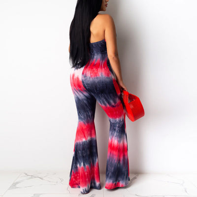 Tie Dye Print Halter Hollow Out Tied Jumspuit