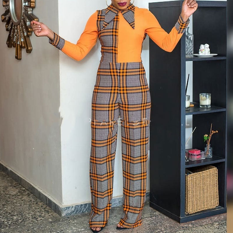 Plaid Pattern Long Sleeve Wide Leg Jumpsuit