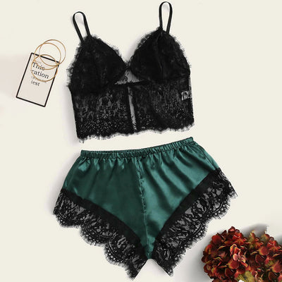 Colorblock Eyelash Lace 2PCS Cami Set