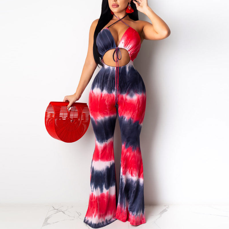 Tie Dye Print Halter Hollow Out Tied Jumspuit