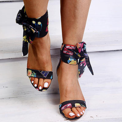 Fashion Printed Lace-Up Chunky Heeled Sandals - Cherrybetty