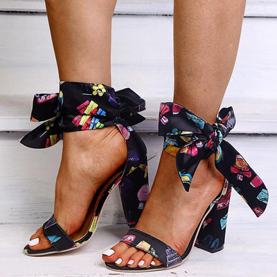 Fashion Printed Lace-Up Chunky Heeled Sandals - Cherrybetty