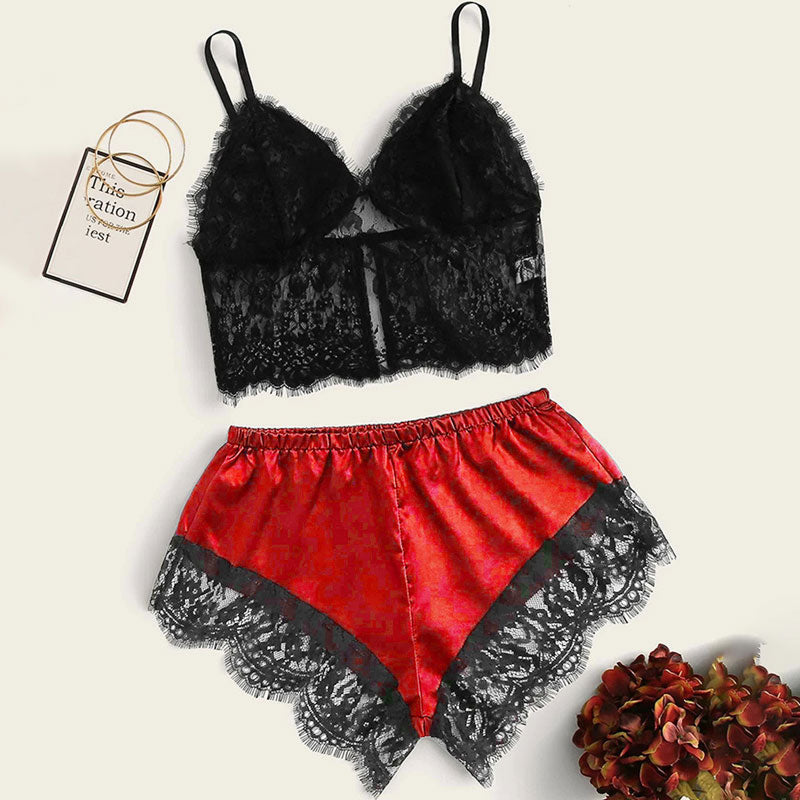 Colorblock Eyelash Lace 2PCS Cami Set