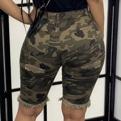 Camouflage Pattern Cut Out Fringe Hem High Waist Shorts