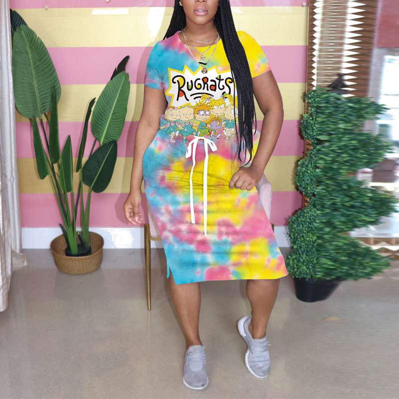 Tie Dye Print Cartoon Pattern Short Sleeve Dress