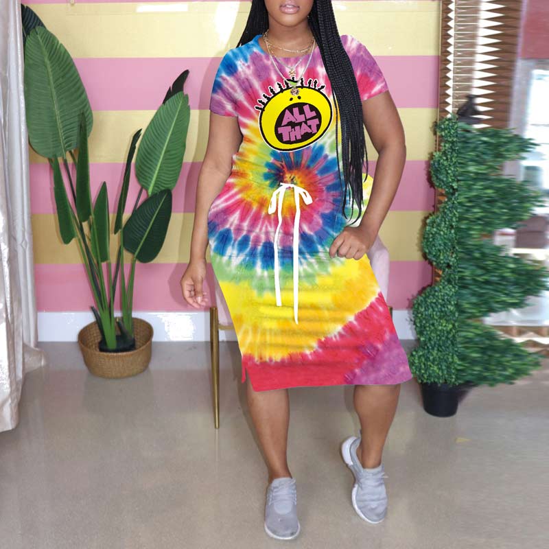 Tie Dye Print Cartoon Pattern Short Sleeve Dress