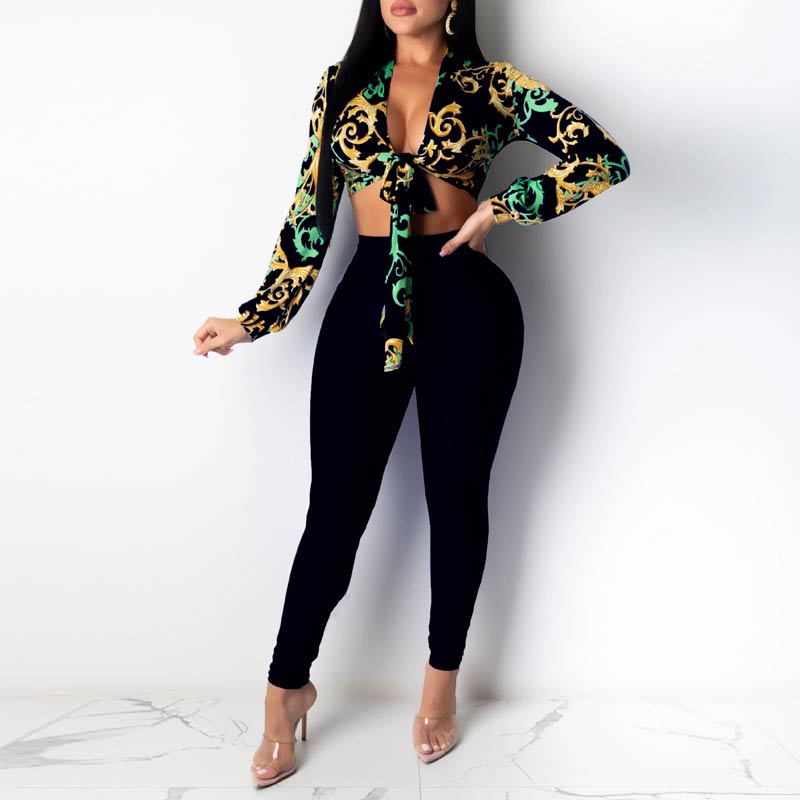 Print Long Sleeve Tied  Crop Top & Pants Set