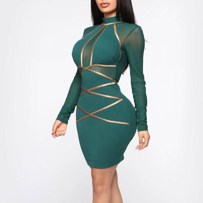 Colorblcok Long Sleeve Sheer Mesh Patchwork Bodycon Dress