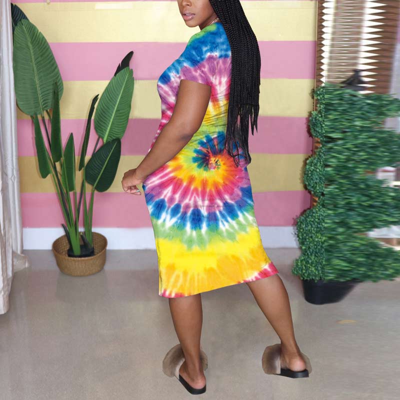 Tie Dye Print Cartoon Pattern Short Sleeve Dress