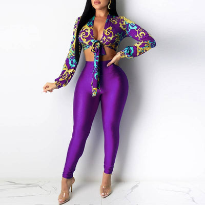 Print Long Sleeve Tied  Crop Top & Pants Set