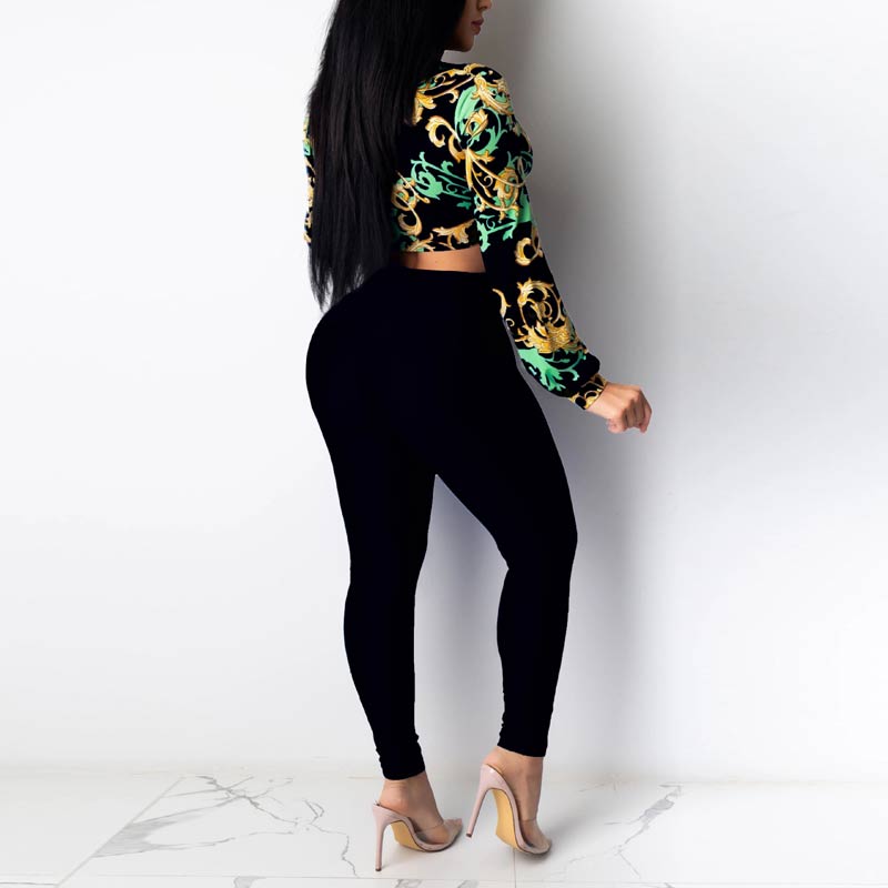 Print Long Sleeve Tied  Crop Top & Pants Set