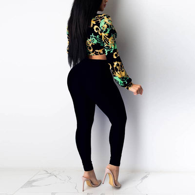 Print Long Sleeve Tied  Crop Top & Pants Set