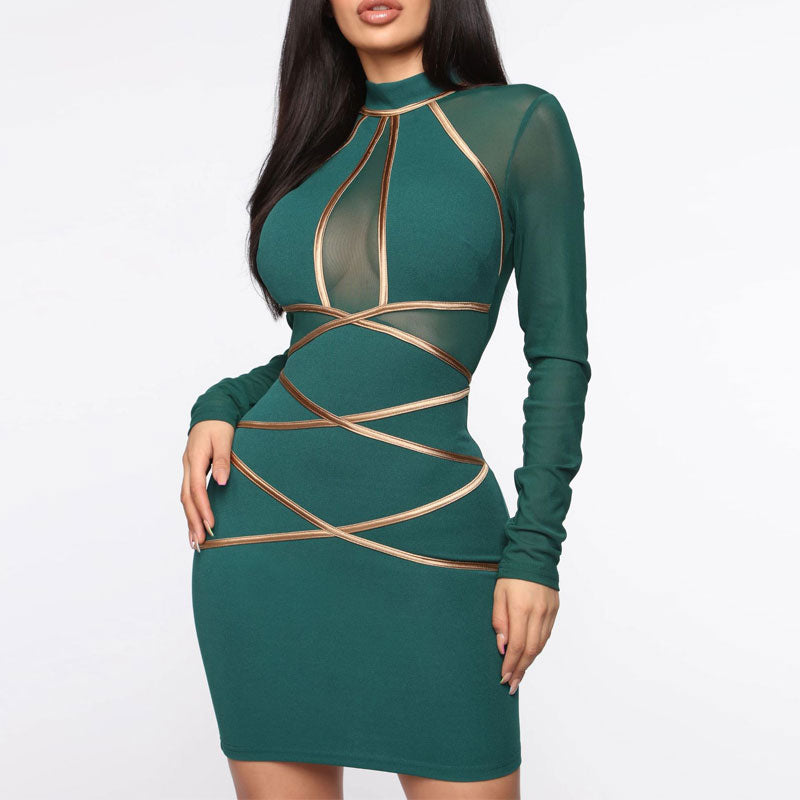 Colorblcok Long Sleeve Sheer Mesh Patchwork Bodycon Dress