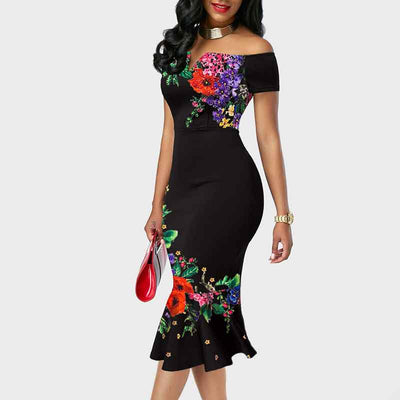 Floral Print Off Shoulder Ruffle Design Midi Dress