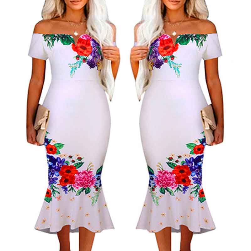 Floral Print Off Shoulder Ruffle Design Midi Dress