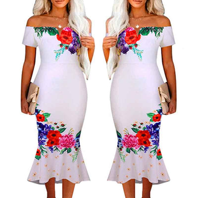 Floral Print Off Shoulder Ruffle Design Midi Dress