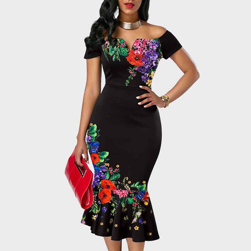 Floral Print Off Shoulder Ruffle Design Midi Dress