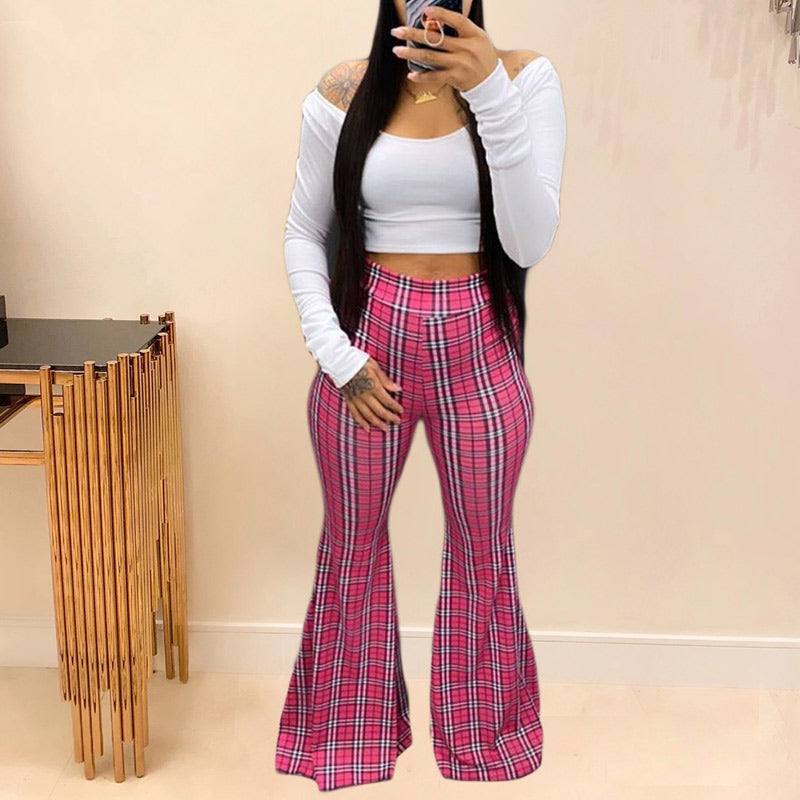 Plaid Colorblock Headband & Off Shoulder Top & Pants 3PCS Set