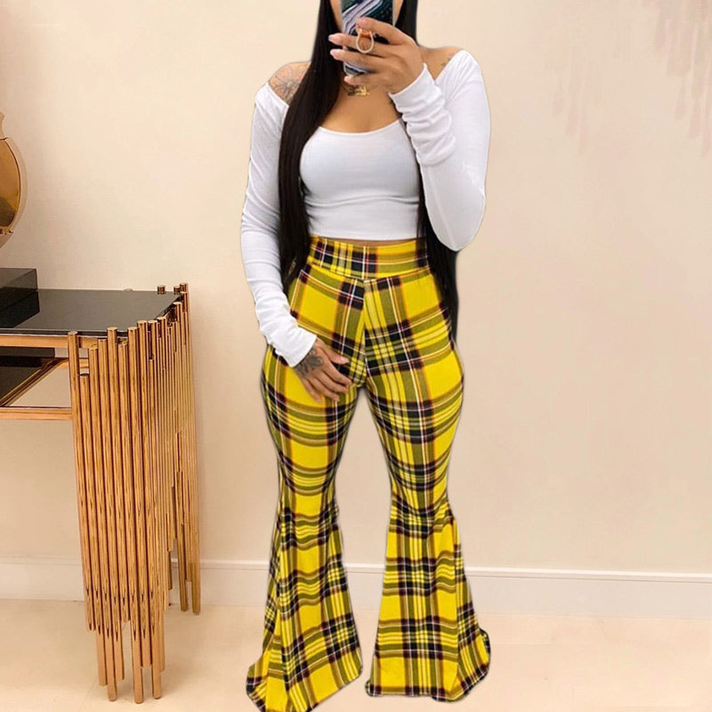 Plaid Colorblock Headband & Off Shoulder Top & Pants 3PCS Set