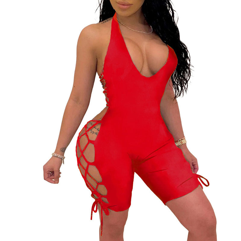 Solid Sleeveless Deep V-Neck Hollow Out Bandage Romper