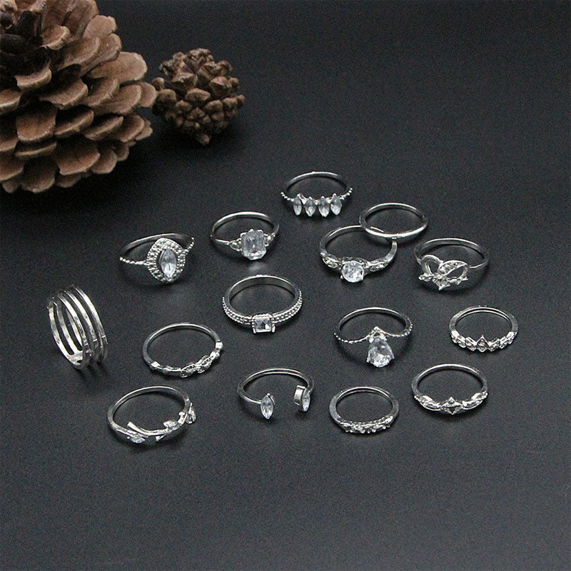 15PCS Heart Pattern Rhinestone Rings Set