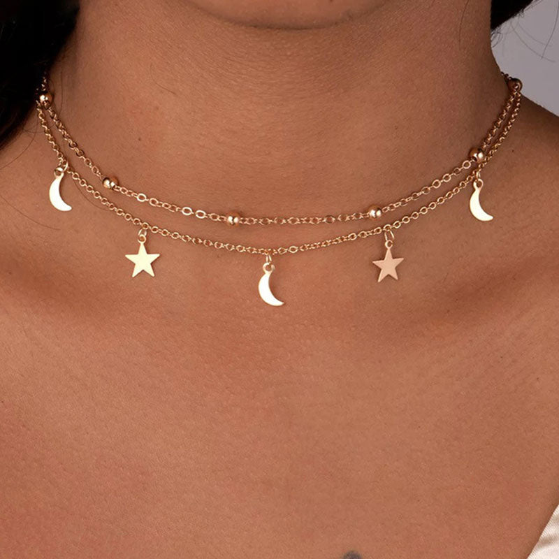 Star & Moon Pattern Layered Chain Necklace