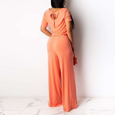 Solid Short Sleeve One Shoulder Wide Leg Jumpsuit