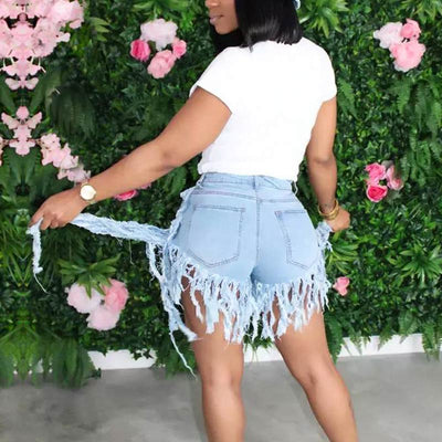 Solid Fringe Hem Tassel Design Denim Shorts