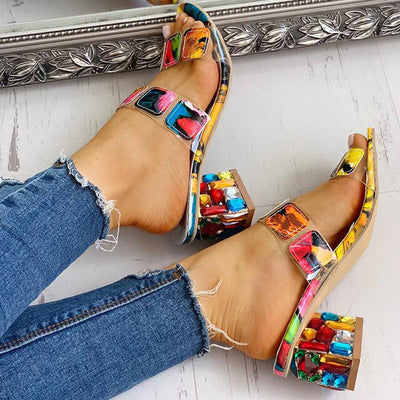 Colorful Geo Applique Chunky Heeled Sandals - Shop Shiningbabe - Womens Fashion Online Shopping Offering Huge Discounts on Shoes - Heels, Sandals, Boots, Slippers; Clothing - Tops, Dresses, Jumpsuits, and More.