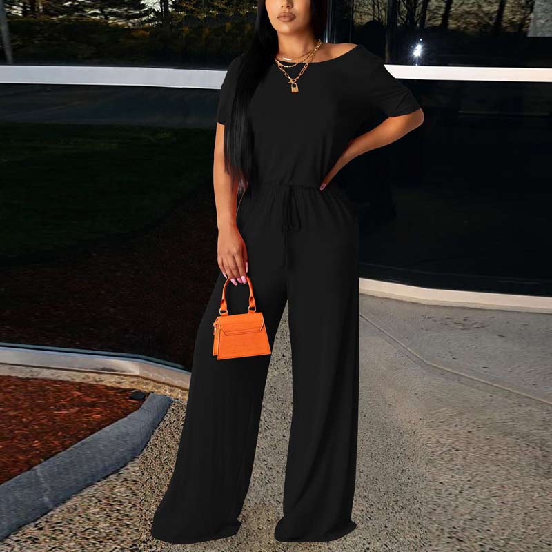 Solid Short Sleeve One Shoulder Wide Leg Jumpsuit