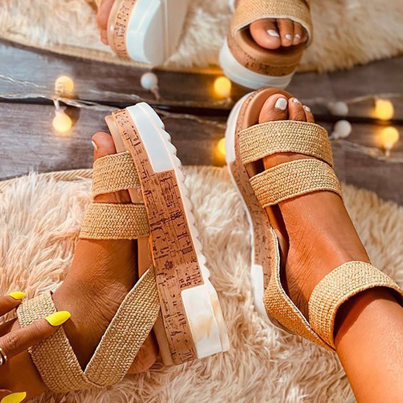 Open Toe Ankle Strap Cork Platform Sandals