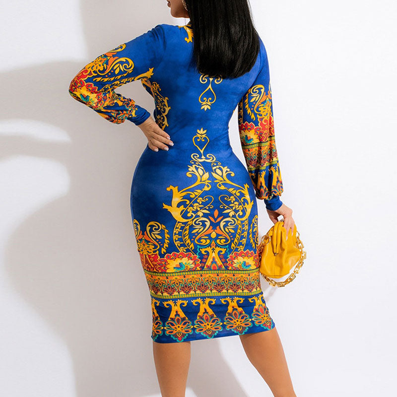 Print Deep V-Neck Long Sleeve Midi Dress