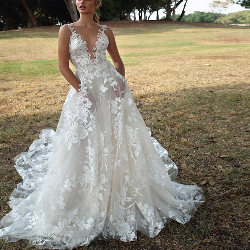 Solid Deep V-Neck Lace  Bridal Gown