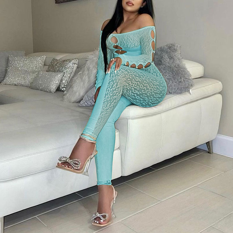 Solid Off Shoulder Long Sleeve Hollow Out Mesh Jumpsuit