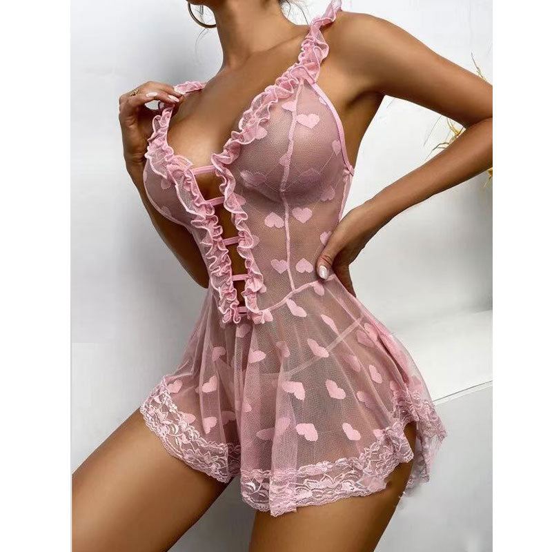 Heart Pattern Sleeveless Cut Out Mesh Babydoll