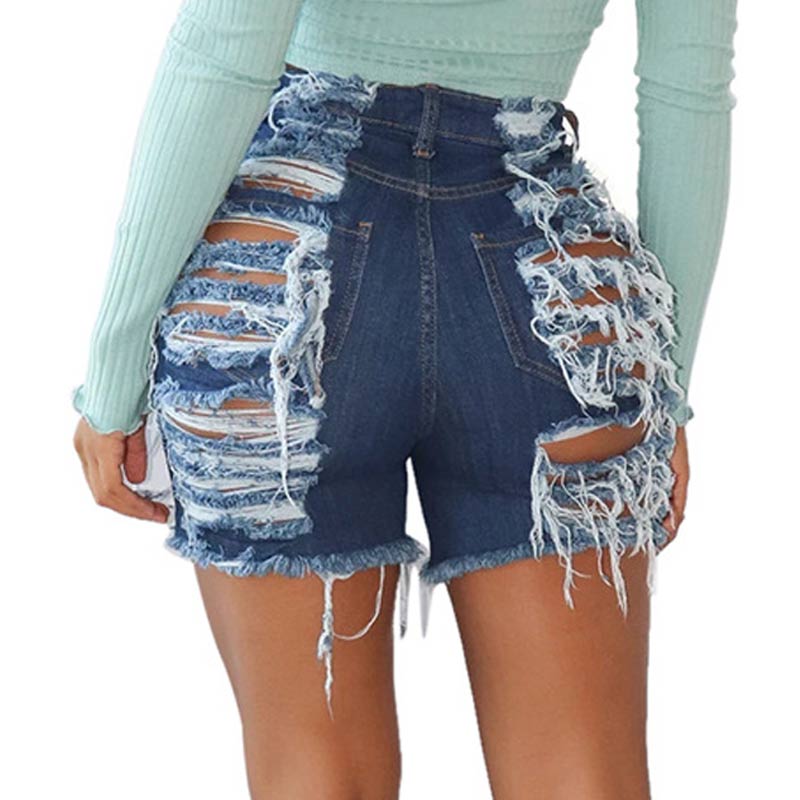 Solid Cut Out Ripped Denim Shorts