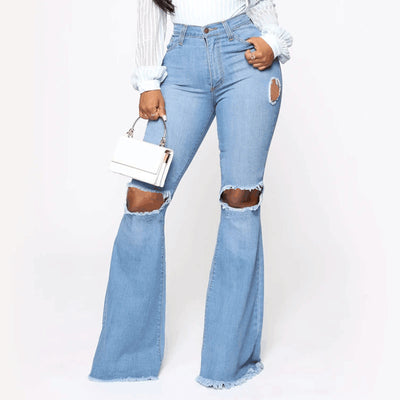 High Waist Cut Out Ripped Bell-bottomed Tassel Jeans