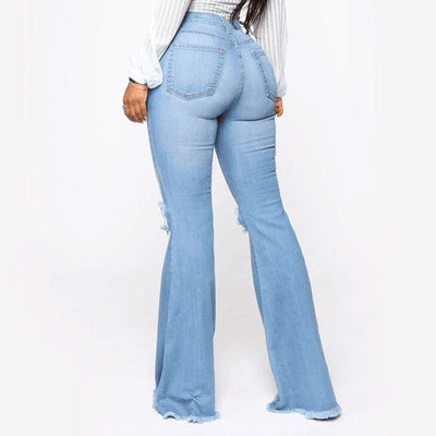 High Waist Cut Out Ripped Bell-bottomed Tassel Jeans