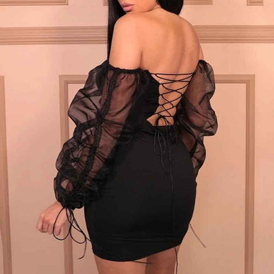 Solid Off Shoulder Ruched Sleeve Sheer Mesh Patchwork Bodycon Dress