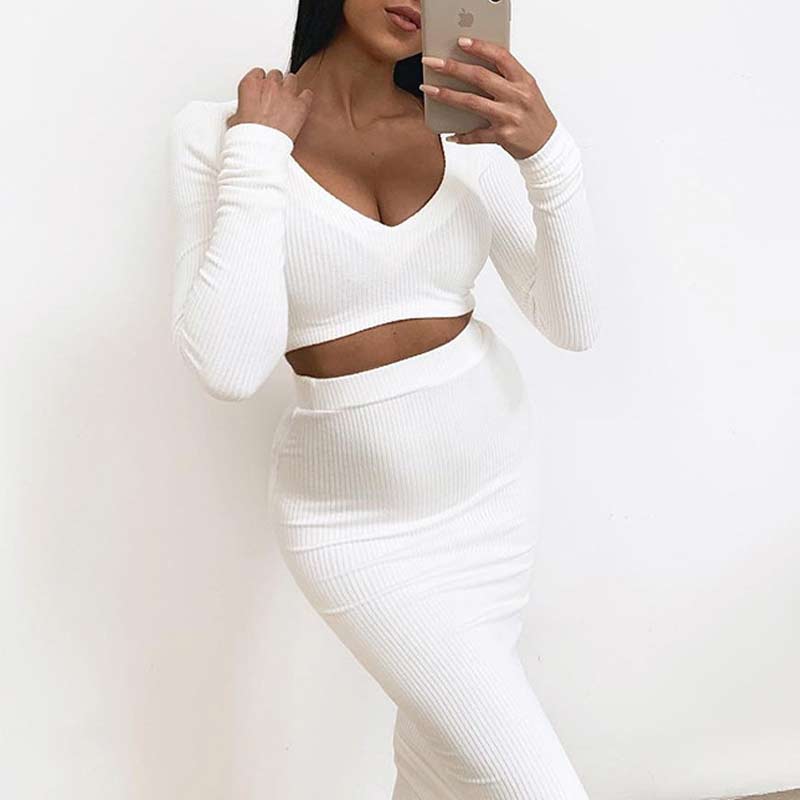 Solid V-Neck Ribbed Crop Top & Skirt Set