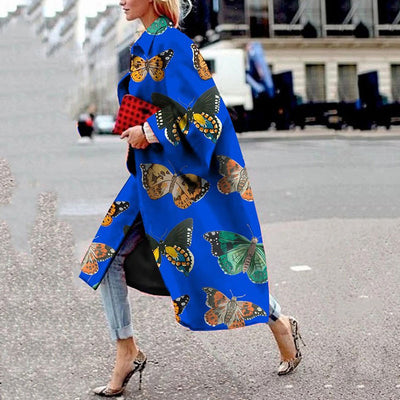 Print Turndown Neck Flared Sleeve Long Coat