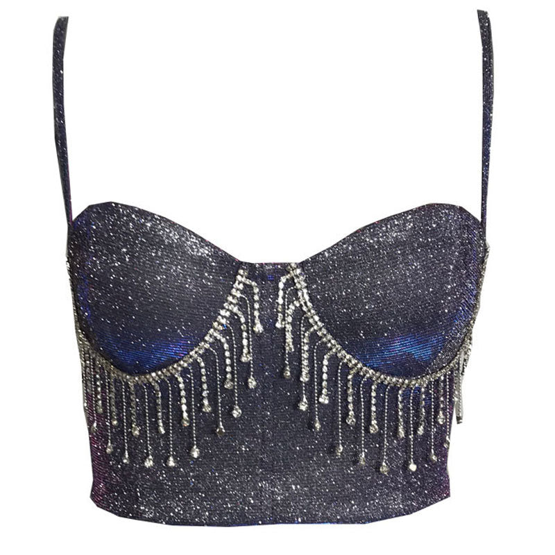 Rhinestone Glitter Tassel Design Corset Top